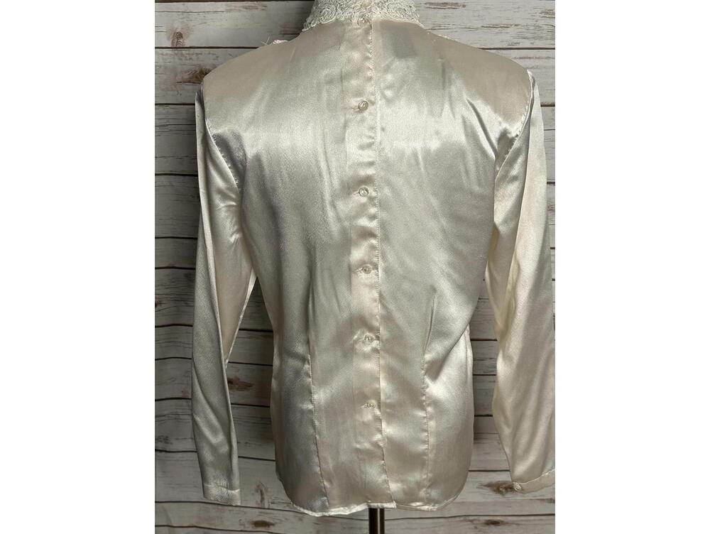 Vintage Victorian ivory satin w/ lace bib high neck long sleeve blouse Size 8 - Picture 3 of 6